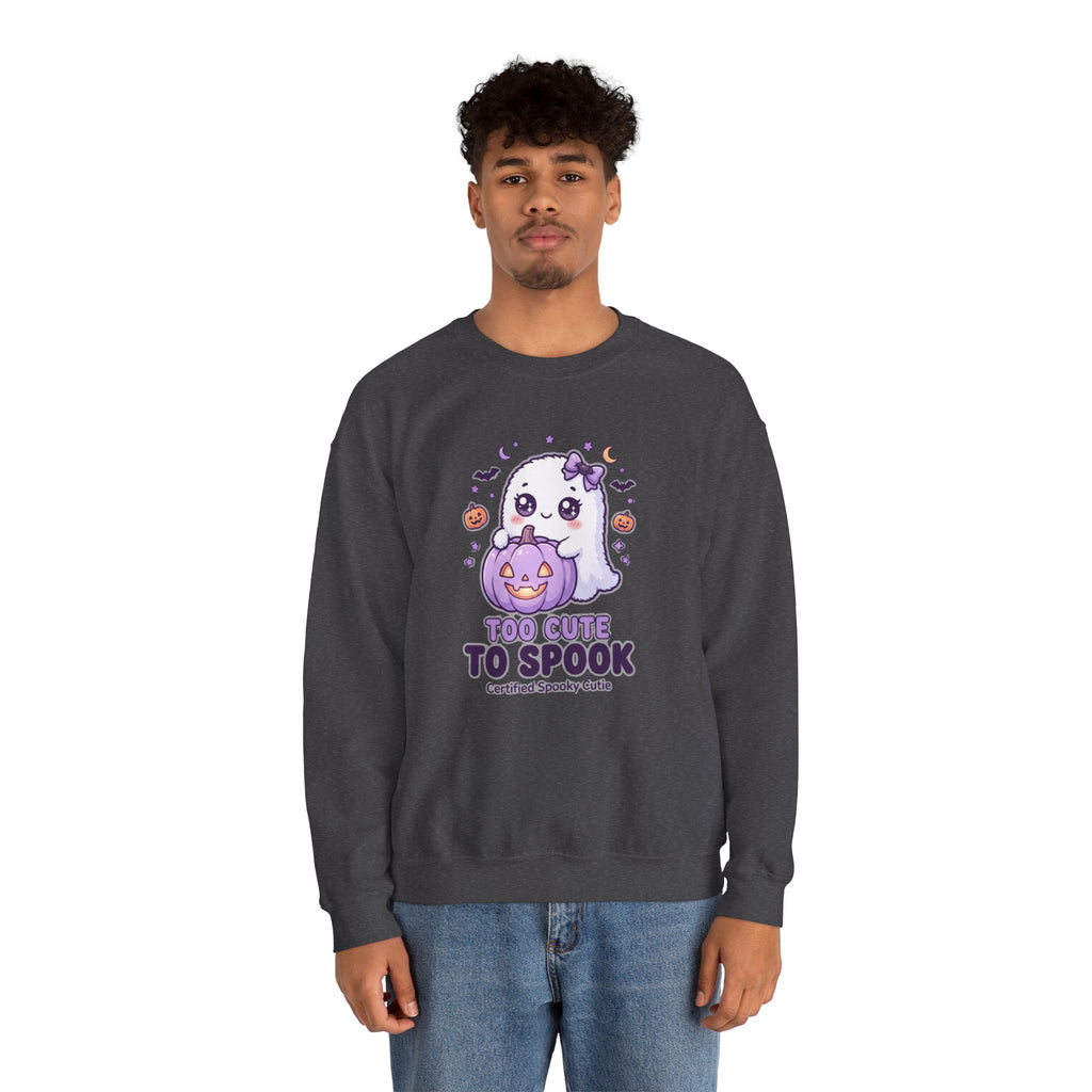 Crewneck Sweatshirt — "Too Cute to Spook" Ghost Pumpkin Halloween Pullover