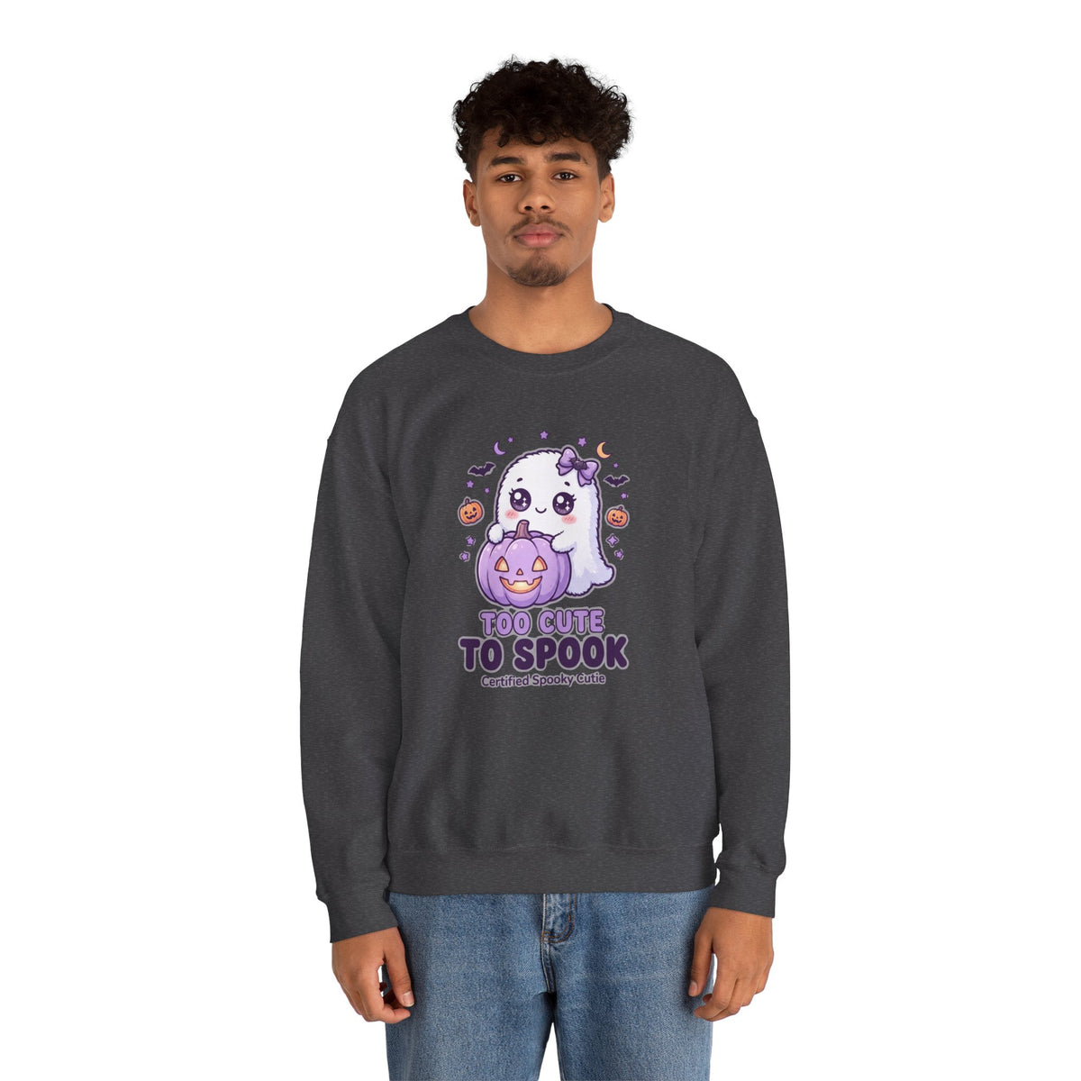 Crewneck Sweatshirt — "Too Cute to Spook" Ghost Pumpkin Halloween Pullover