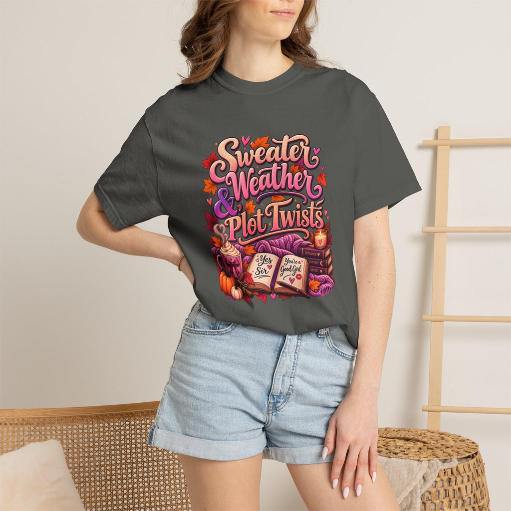 Sweater Weather Plot Twists Tee — Cozy Autumn Book Lover T-Shirt