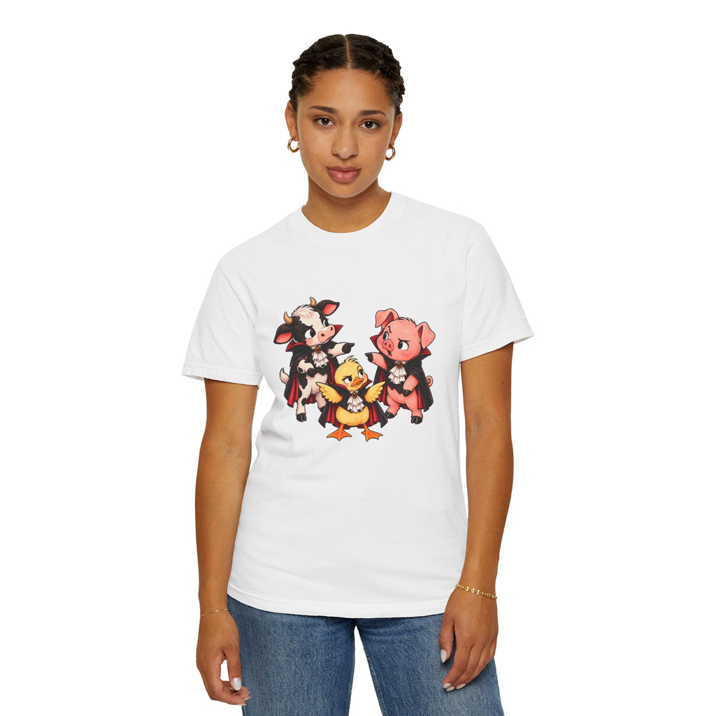 "This is why we have a wardrobe meeting first!" Cow, Pig & Chick Cartoon Graphic Tee