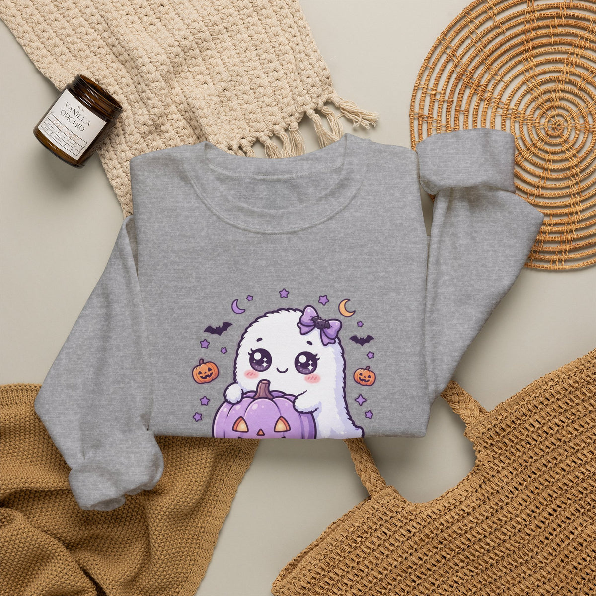 Crewneck Sweatshirt — "Too Cute to Spook" Ghost Pumpkin Halloween Pullover