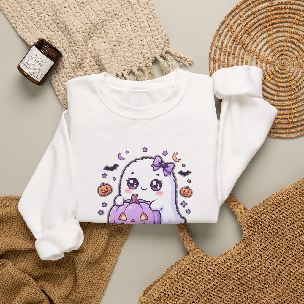 Crewneck Sweatshirt — "Too Cute to Spook" Ghost Pumpkin Halloween Pullover