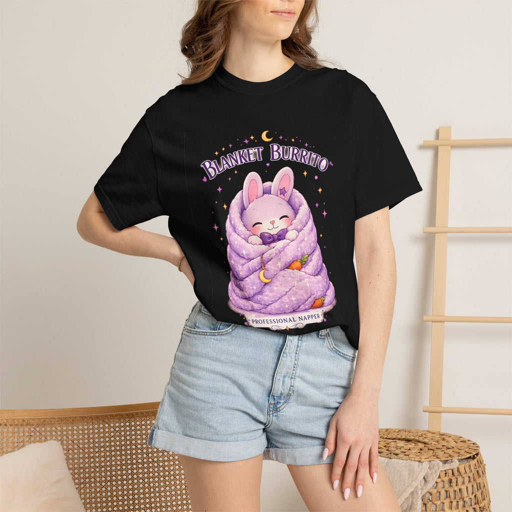 Blanket Burrito T‑Shirt — Cute Bunny Wrapped in Cozy Purple Blanket (Sleepy Comfort, Gift for Animal Lovers)