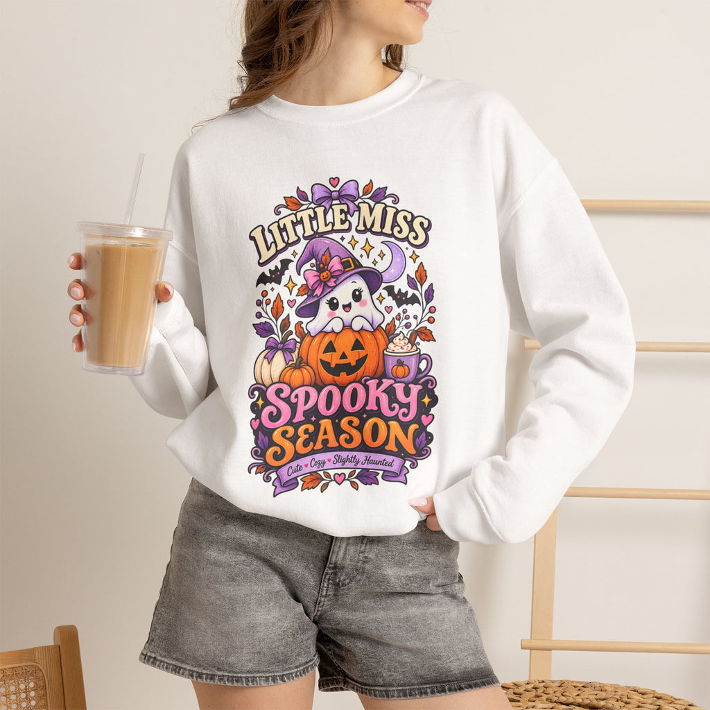 Little Miss Spooky Season Sweatshirt — Cute Halloween Ghost & Pumpkin Crewneck