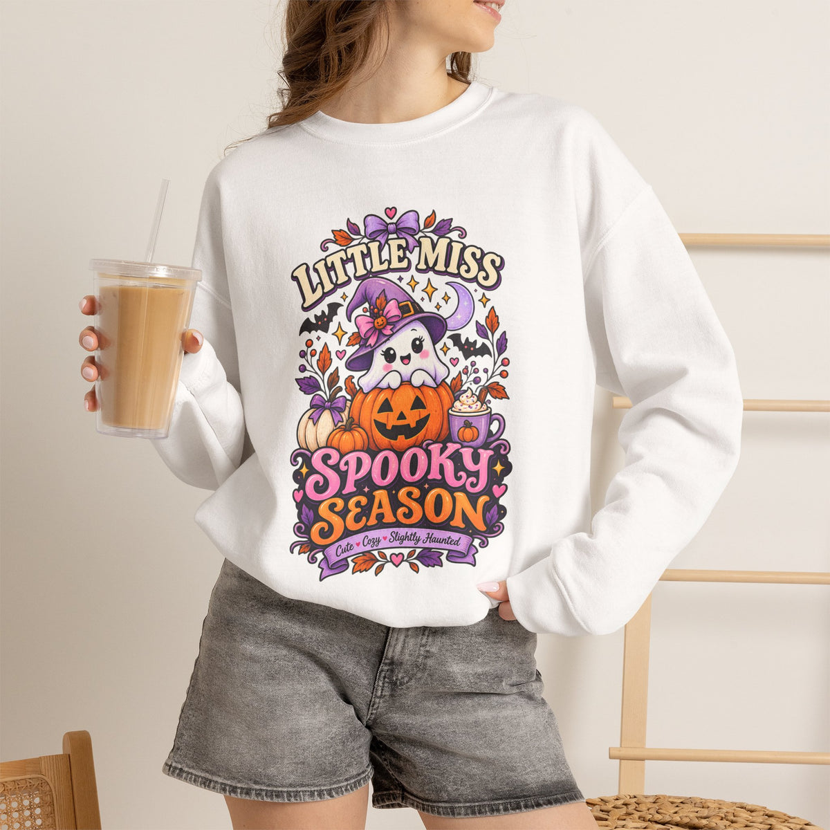 Little Miss Spooky Season Sweatshirt — Cute Halloween Ghost & Pumpkin Crewneck