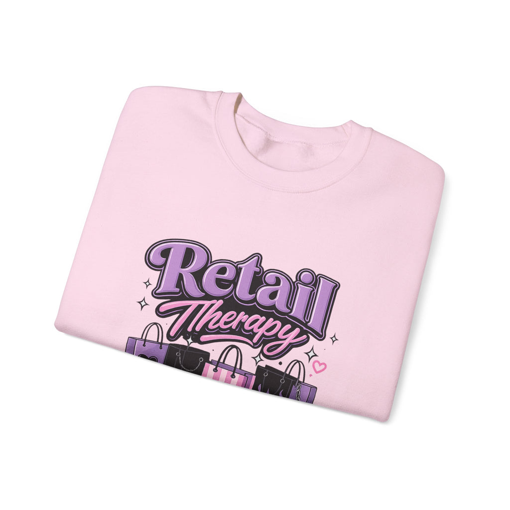 Retail Therapy Club Sweatshirt — Cute Pink & Purple Shopping Graphic Crewneck