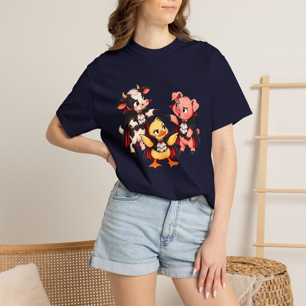 "This is why we have a wardrobe meeting first!" Cow, Pig & Chick Cartoon Graphic Tee