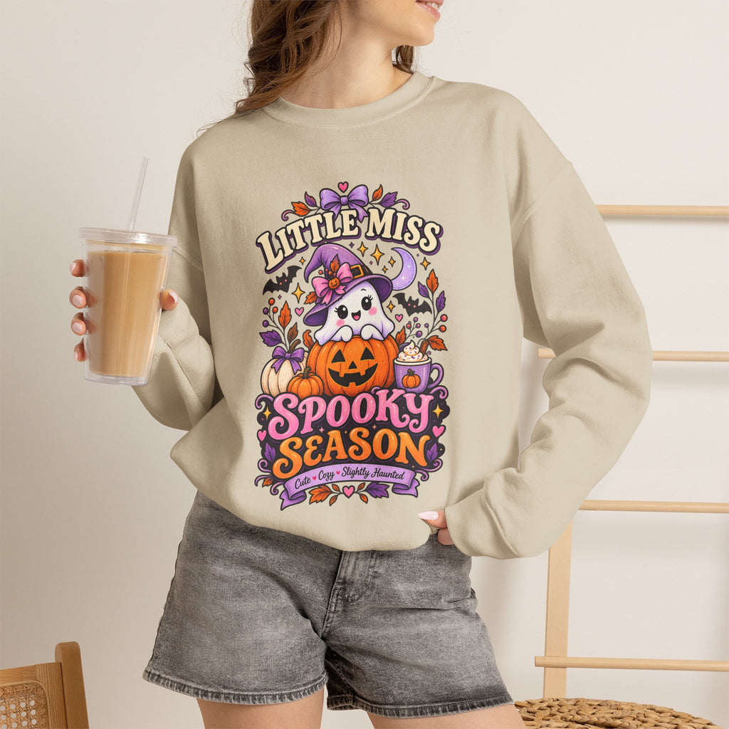 Little Miss Spooky Season Sweatshirt — Cute Halloween Ghost & Pumpkin Crewneck