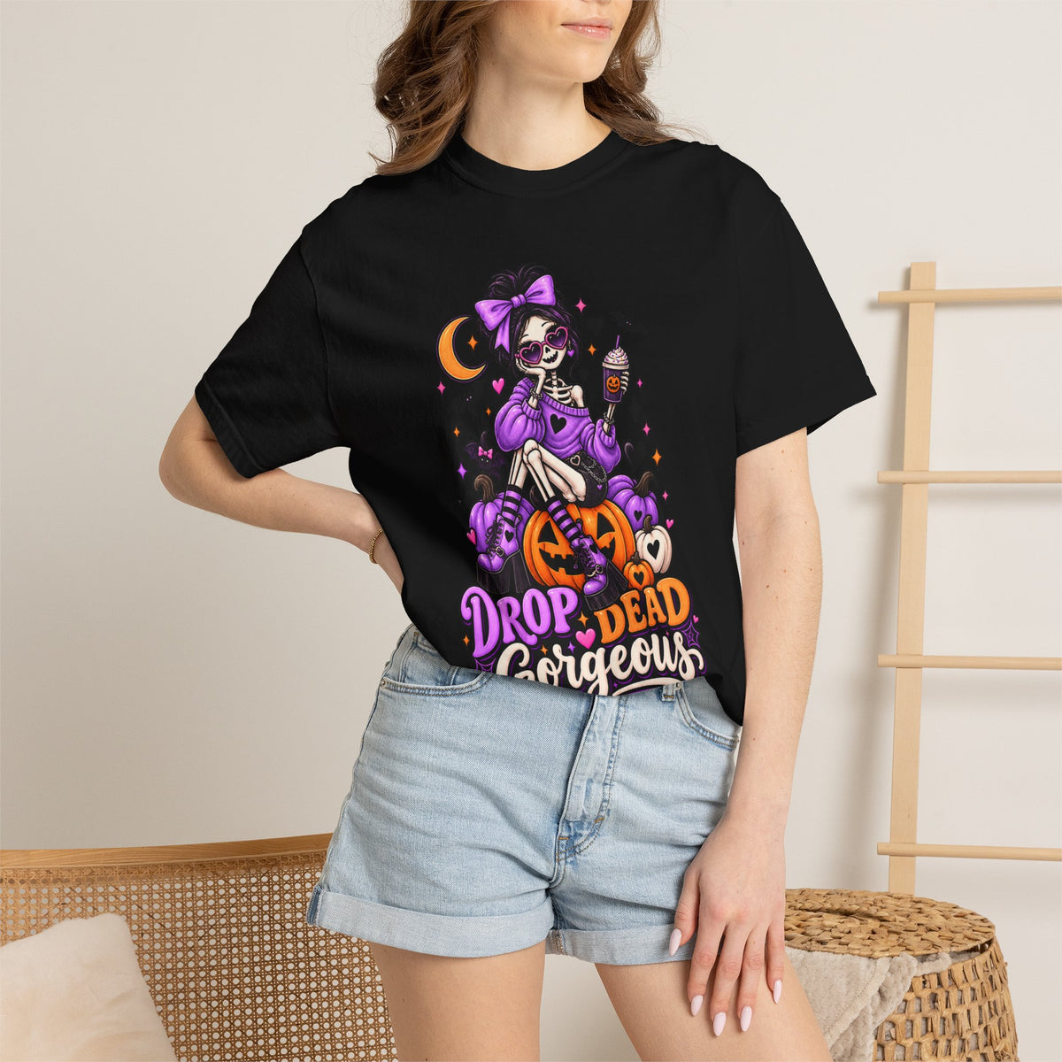 Drop Dead Gorgeous Halloween T-Shirt — Gothic Pumpkin Pinup Tee