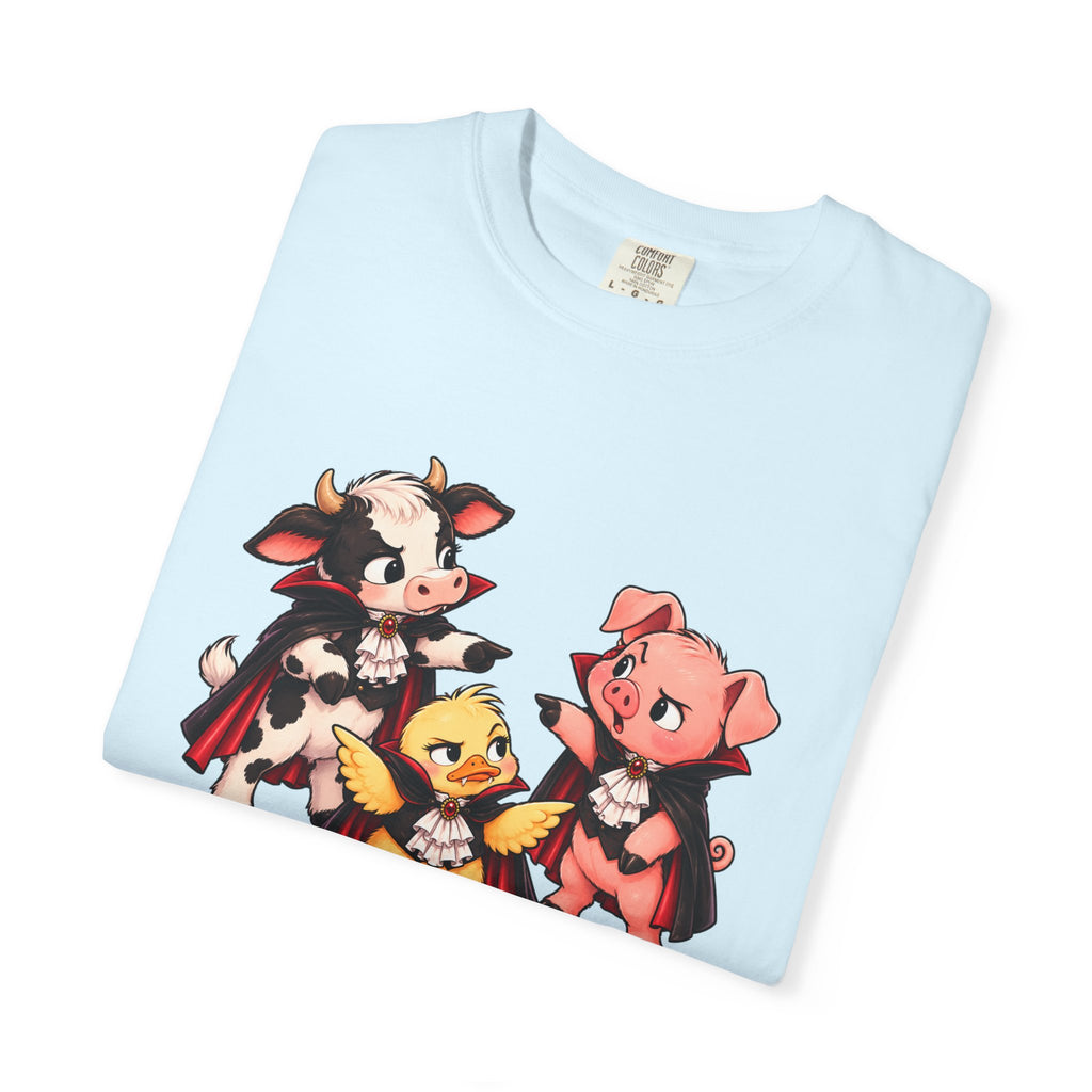 "This is why we have a wardrobe meeting first!" Cow, Pig & Chick Cartoon Graphic Tee