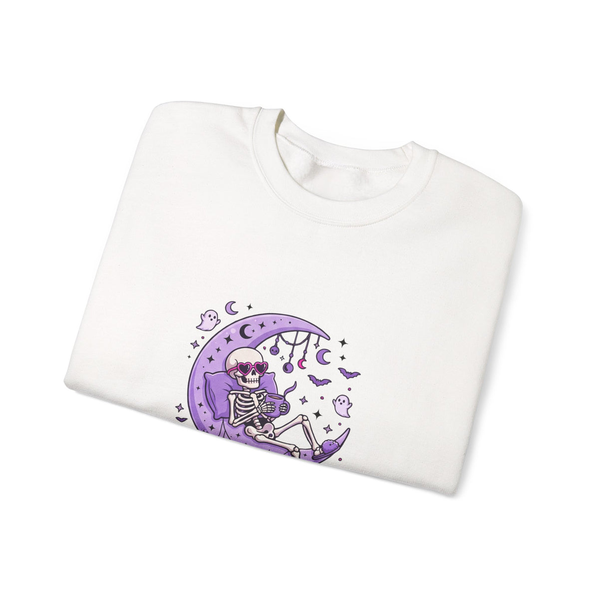 Skeleton on Moon Crewneck Sweatshirt — "Spooky & Unsocialized" Purple Gothic Graphic