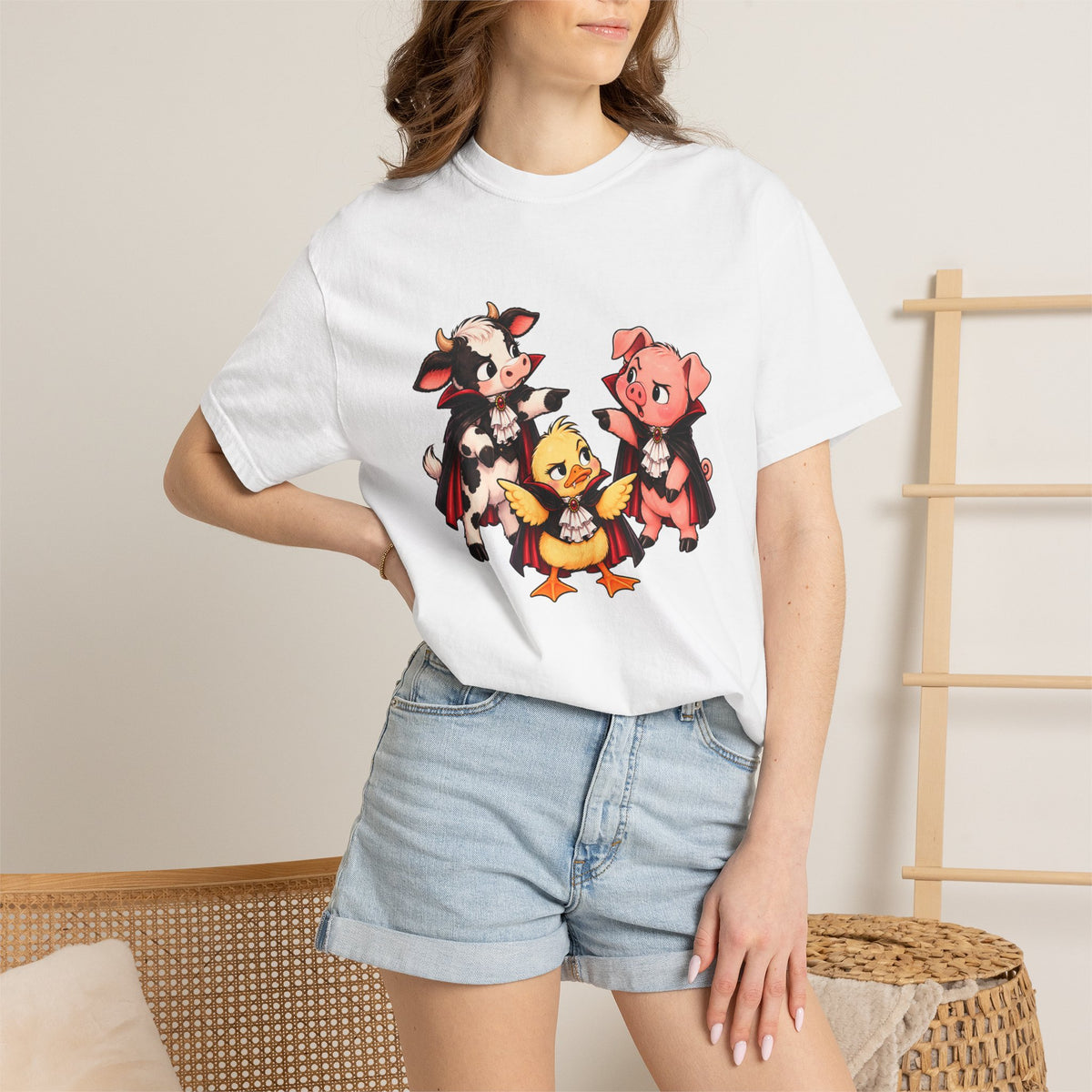 "This is why we have a wardrobe meeting first!" Cow, Pig & Chick Cartoon Graphic Tee