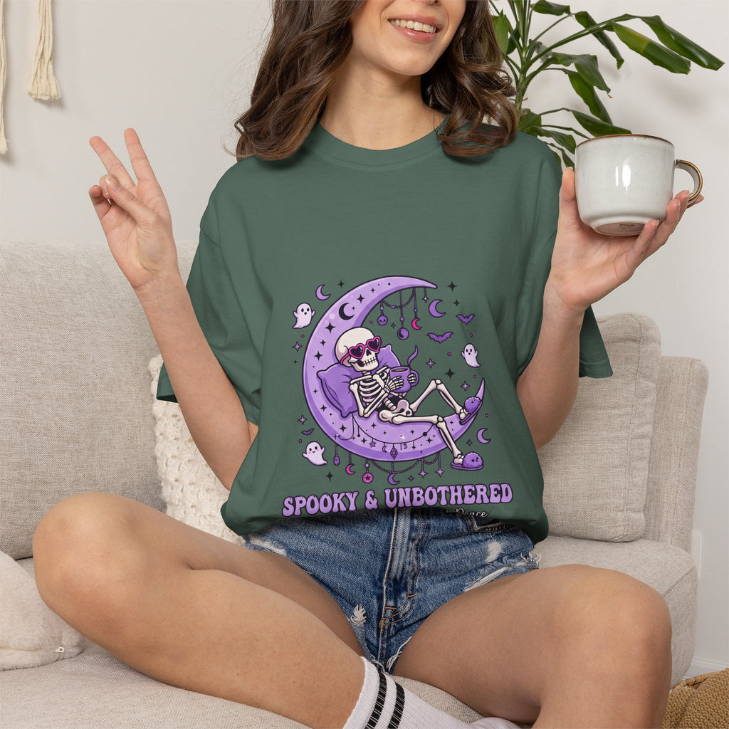 Spooky & Unbothered Skeleton Moon T-Shirt — Relaxed Gothic Graphic Tee