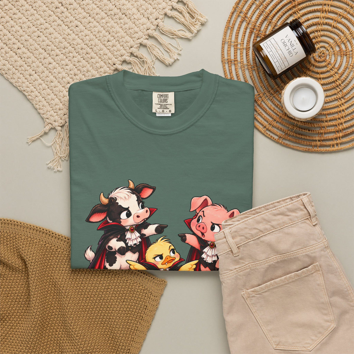 "This is why we have a wardrobe meeting first!" Cow, Pig & Chick Cartoon Graphic Tee