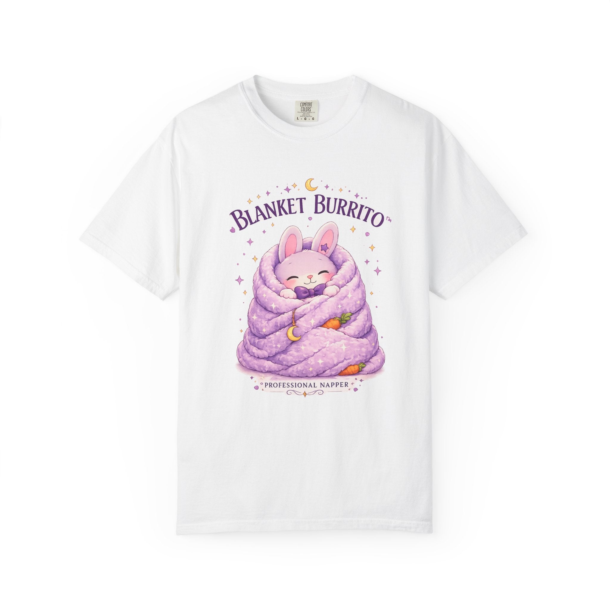 Blanket Burrito T‑Shirt — Cute Bunny Wrapped in Cozy Purple Blanket (Sleepy Comfort, Gift for Animal Lovers)