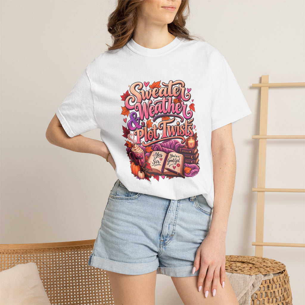 Sweater Weather Plot Twists Tee — Cozy Autumn Book Lover T-Shirt