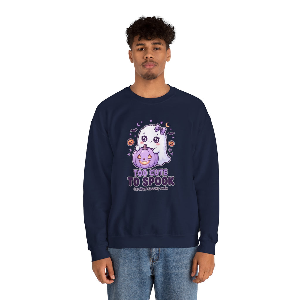 Crewneck Sweatshirt — "Too Cute to Spook" Ghost Pumpkin Halloween Pullover