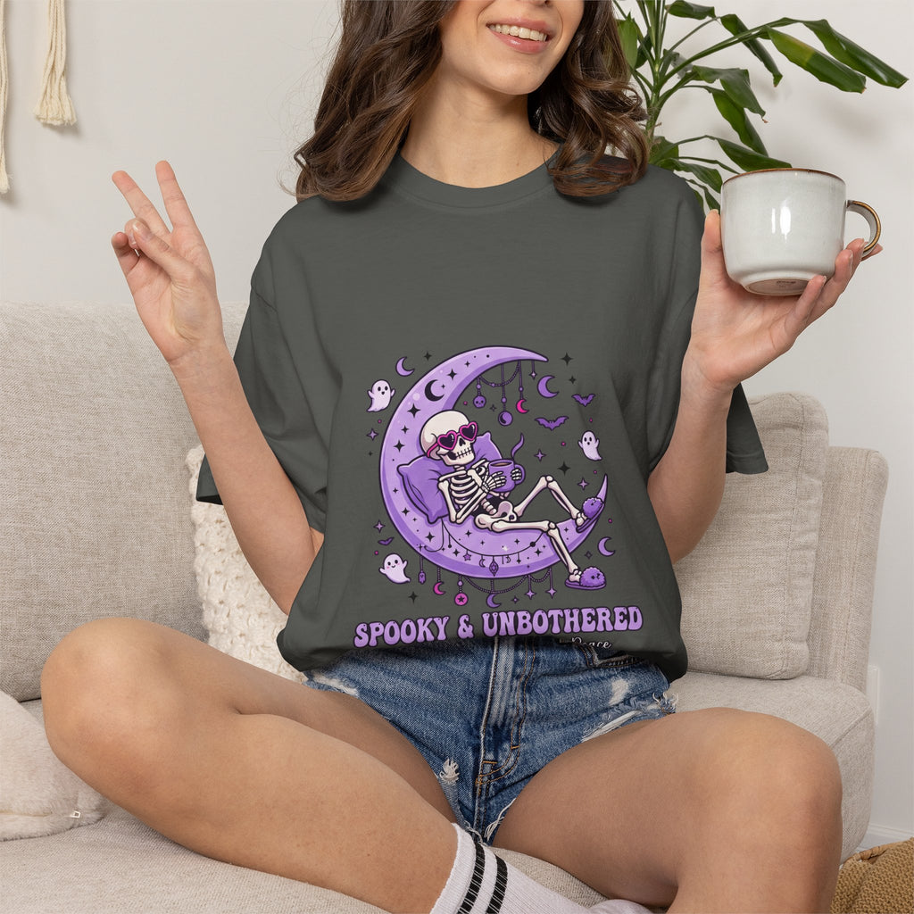 Spooky & Unbothered Skeleton Moon T-Shirt — Relaxed Gothic Graphic Tee