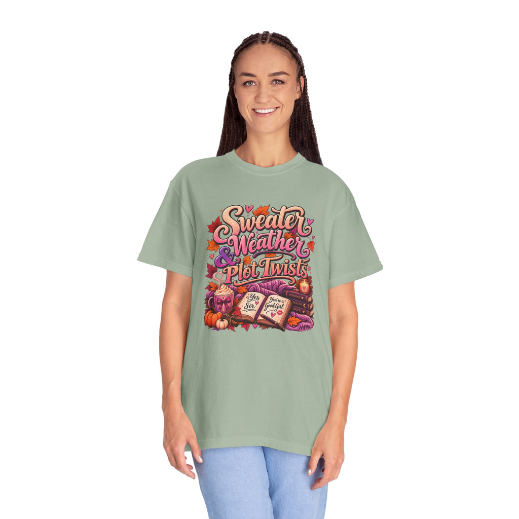 Sweater Weather Plot Twists Tee — Cozy Autumn Book Lover T-Shirt