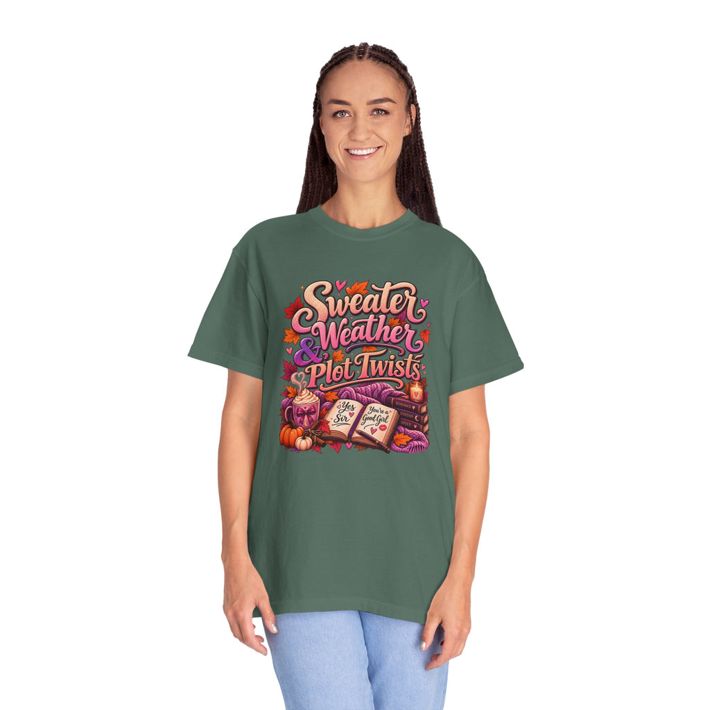 Sweater Weather Plot Twists Tee — Cozy Autumn Book Lover T-Shirt