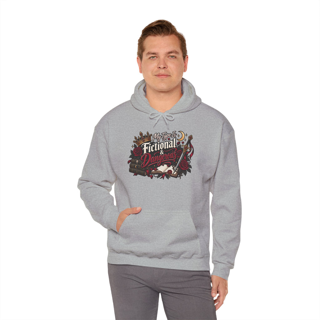 Hoodie — "My Type Is Fictional (Dangerous)" Booklover Graphic Pullover