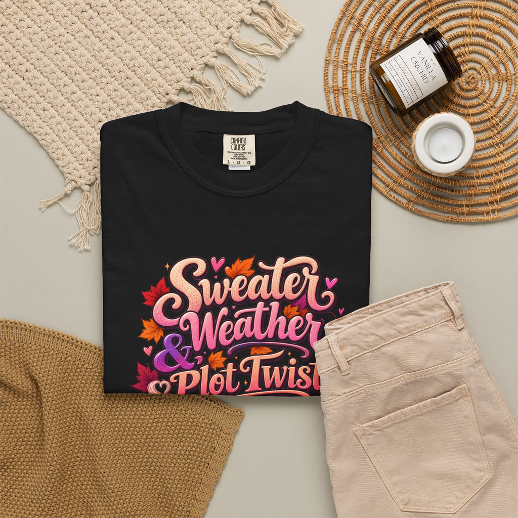 Sweater Weather Plot Twists Tee — Cozy Autumn Book Lover T-Shirt