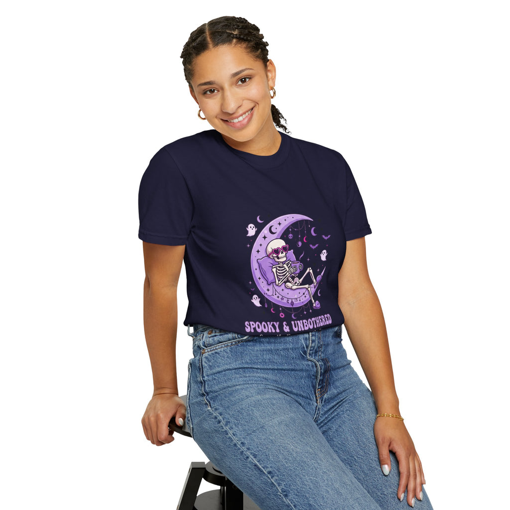 Spooky & Unbothered Skeleton Moon T-Shirt — Relaxed Gothic Graphic Tee