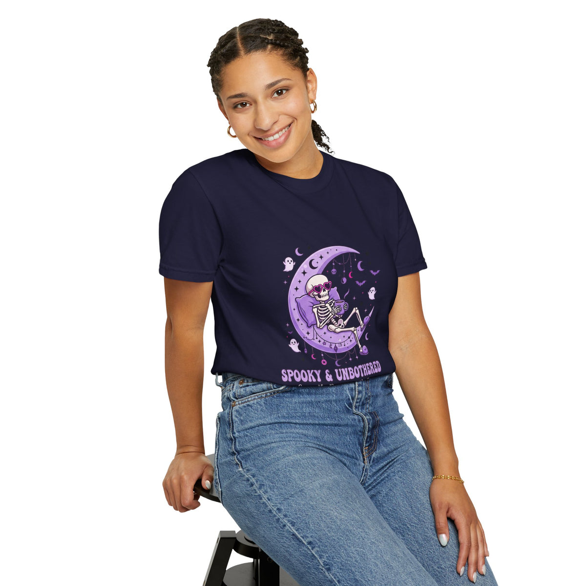Spooky & Unbothered Skeleton Moon T-Shirt — Relaxed Gothic Graphic Tee
