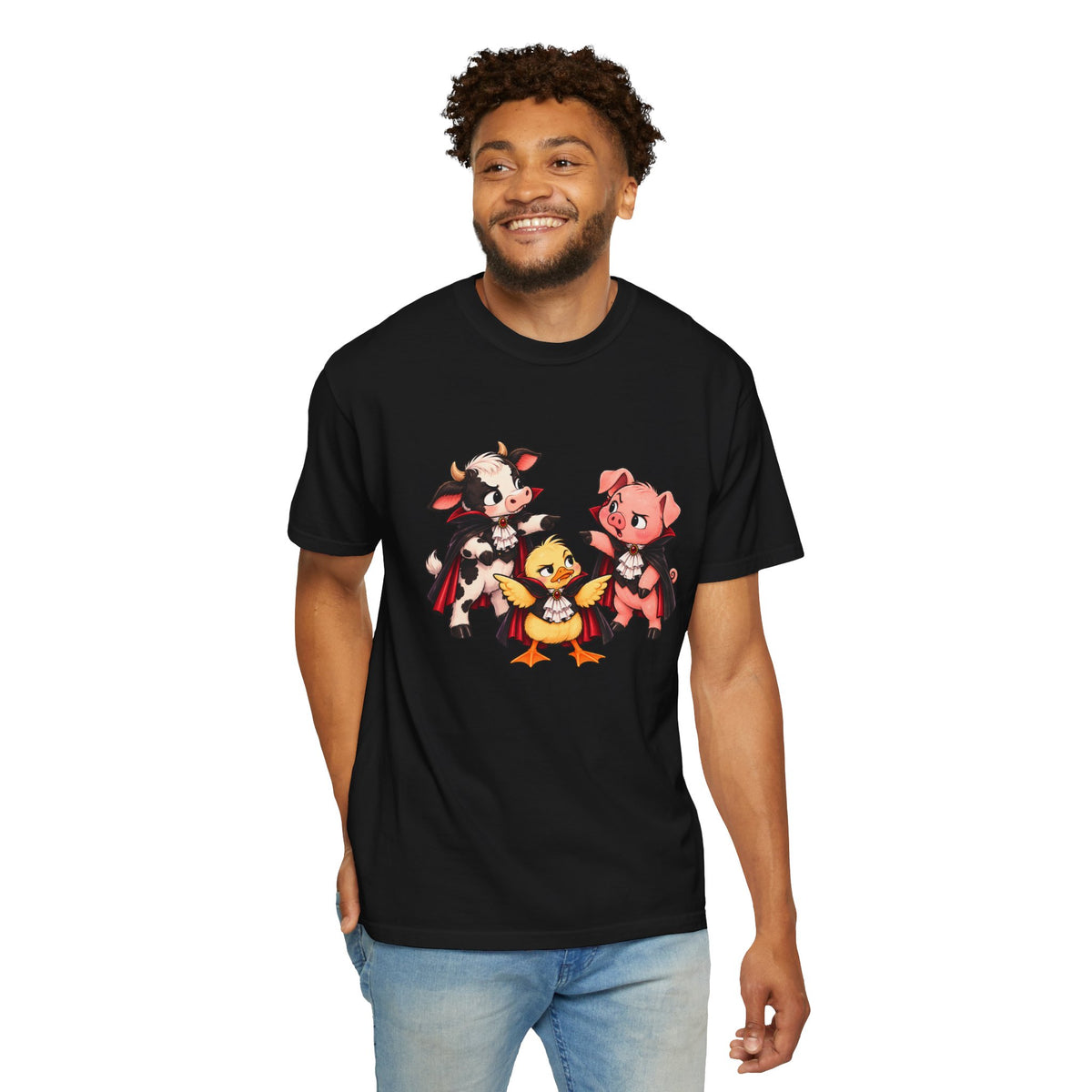 "This is why we have a wardrobe meeting first!" Cow, Pig & Chick Cartoon Graphic Tee