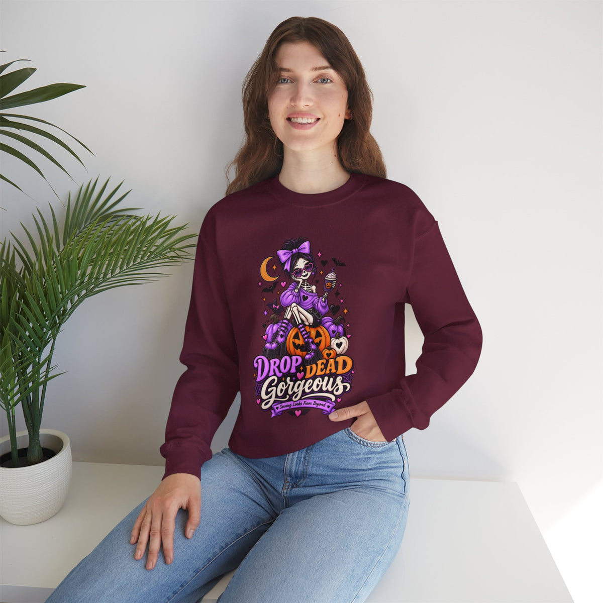 Drop Dead Gorgeous Halloween Sweatshirt — Gothic Pinup Vampire Design