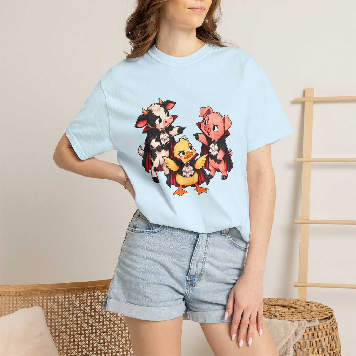 "This is why we have a wardrobe meeting first!" Cow, Pig & Chick Cartoon Graphic Tee