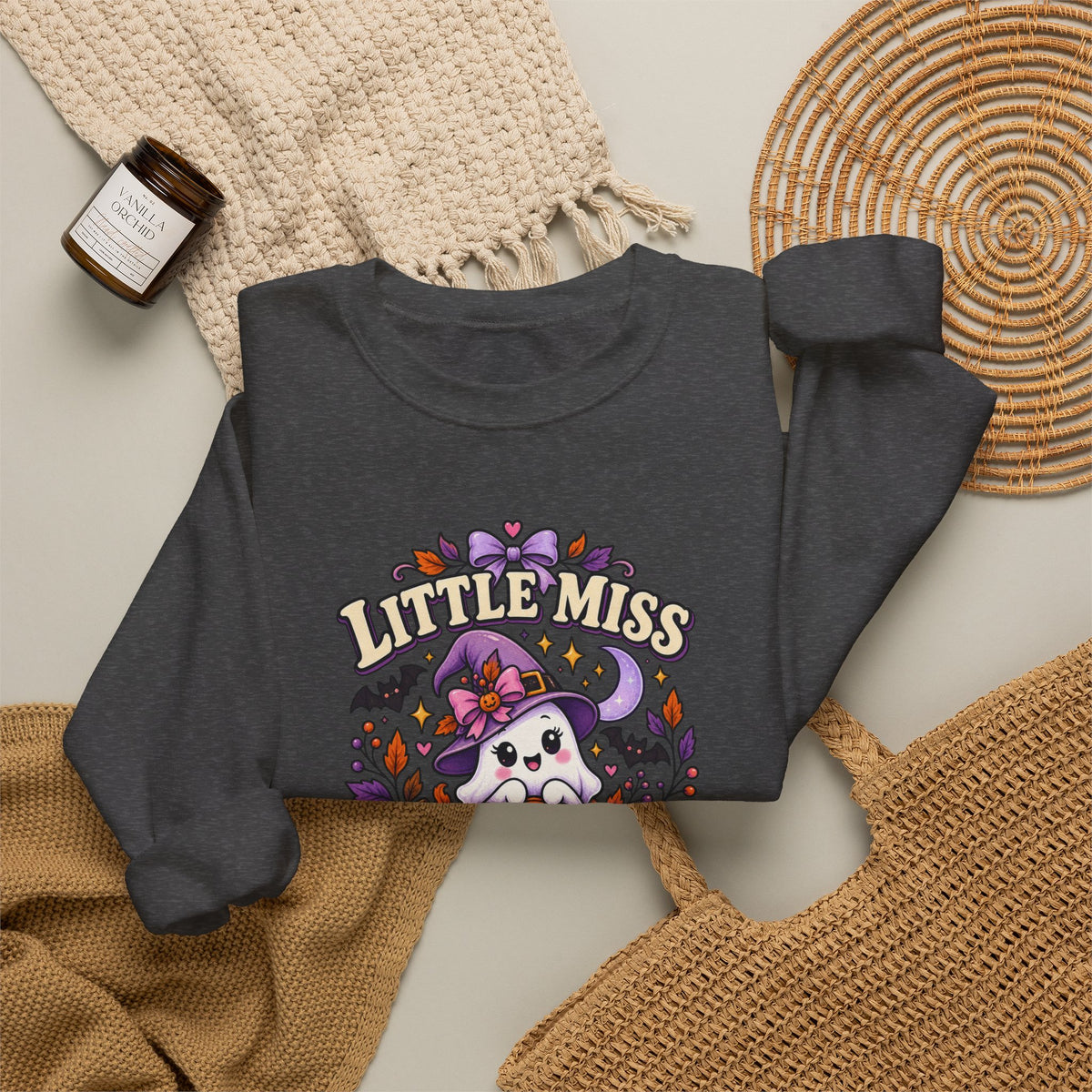 Little Miss Spooky Season Sweatshirt — Cute Halloween Ghost & Pumpkin Crewneck