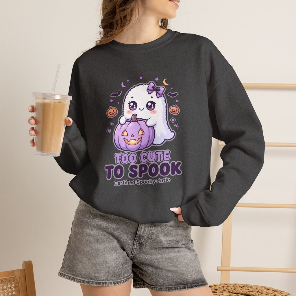 Crewneck Sweatshirt — "Too Cute to Spook" Ghost Pumpkin Halloween Pullover