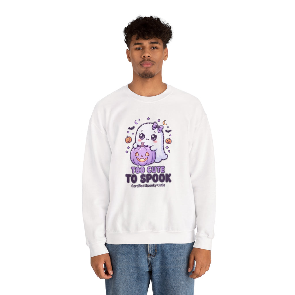 Crewneck Sweatshirt — "Too Cute to Spook" Ghost Pumpkin Halloween Pullover