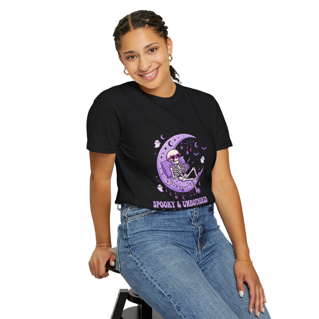 Spooky & Unbothered Skeleton Moon T-Shirt — Relaxed Gothic Graphic Tee