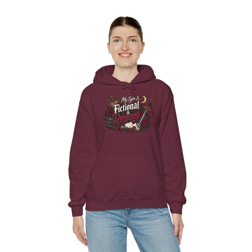 Hoodie — "My Type Is Fictional (Dangerous)" Booklover Graphic Pullover