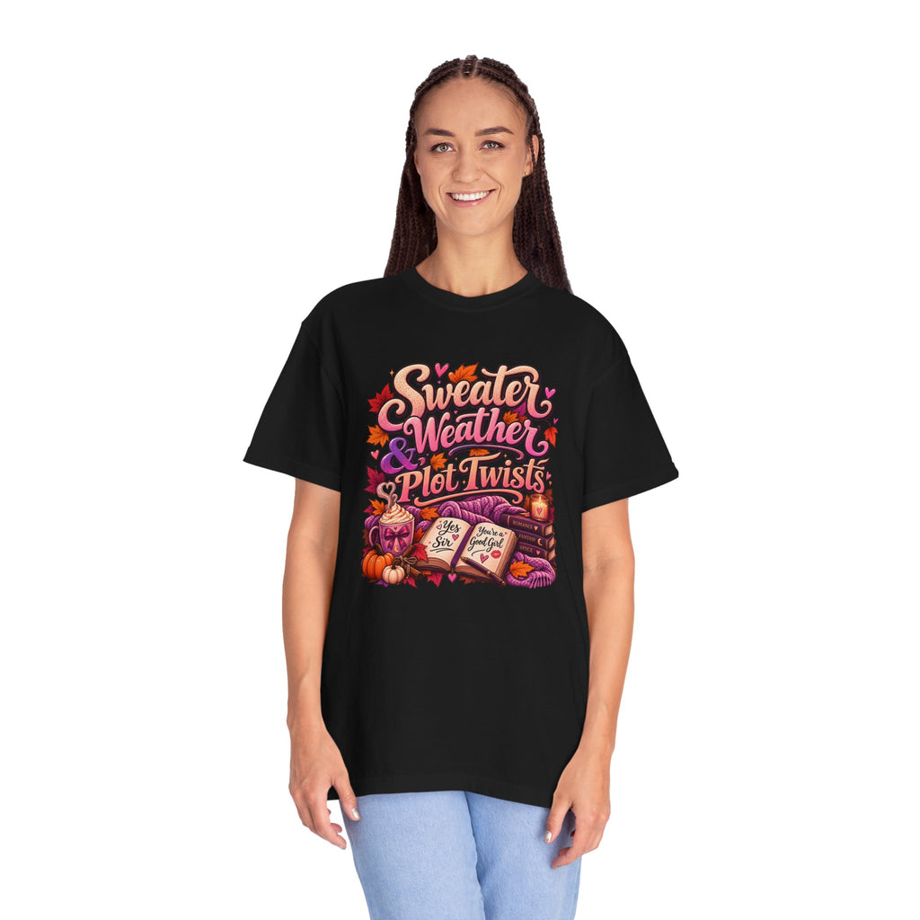 Sweater Weather Plot Twists Tee — Cozy Autumn Book Lover T-Shirt