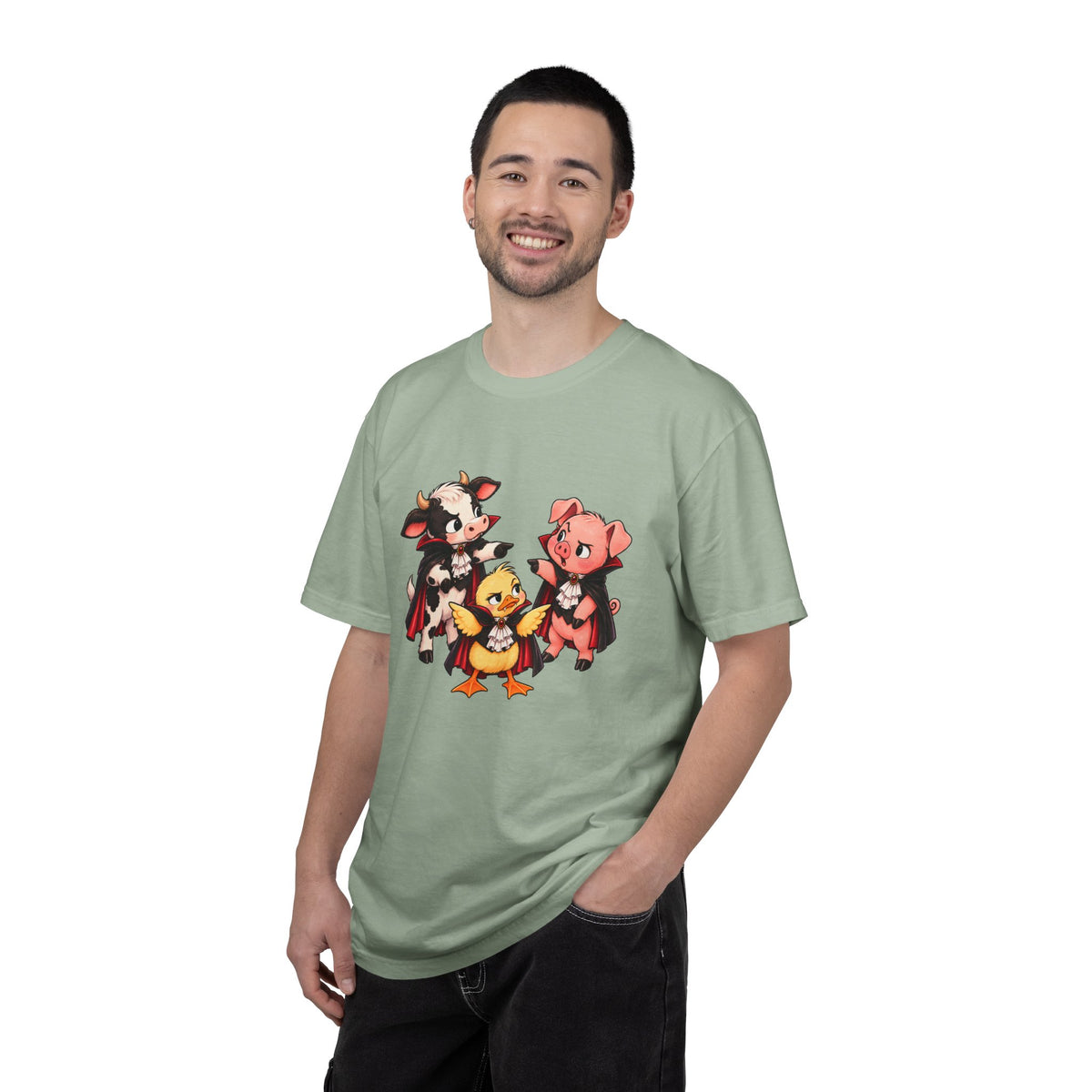 "This is why we have a wardrobe meeting first!" Cow, Pig & Chick Cartoon Graphic Tee