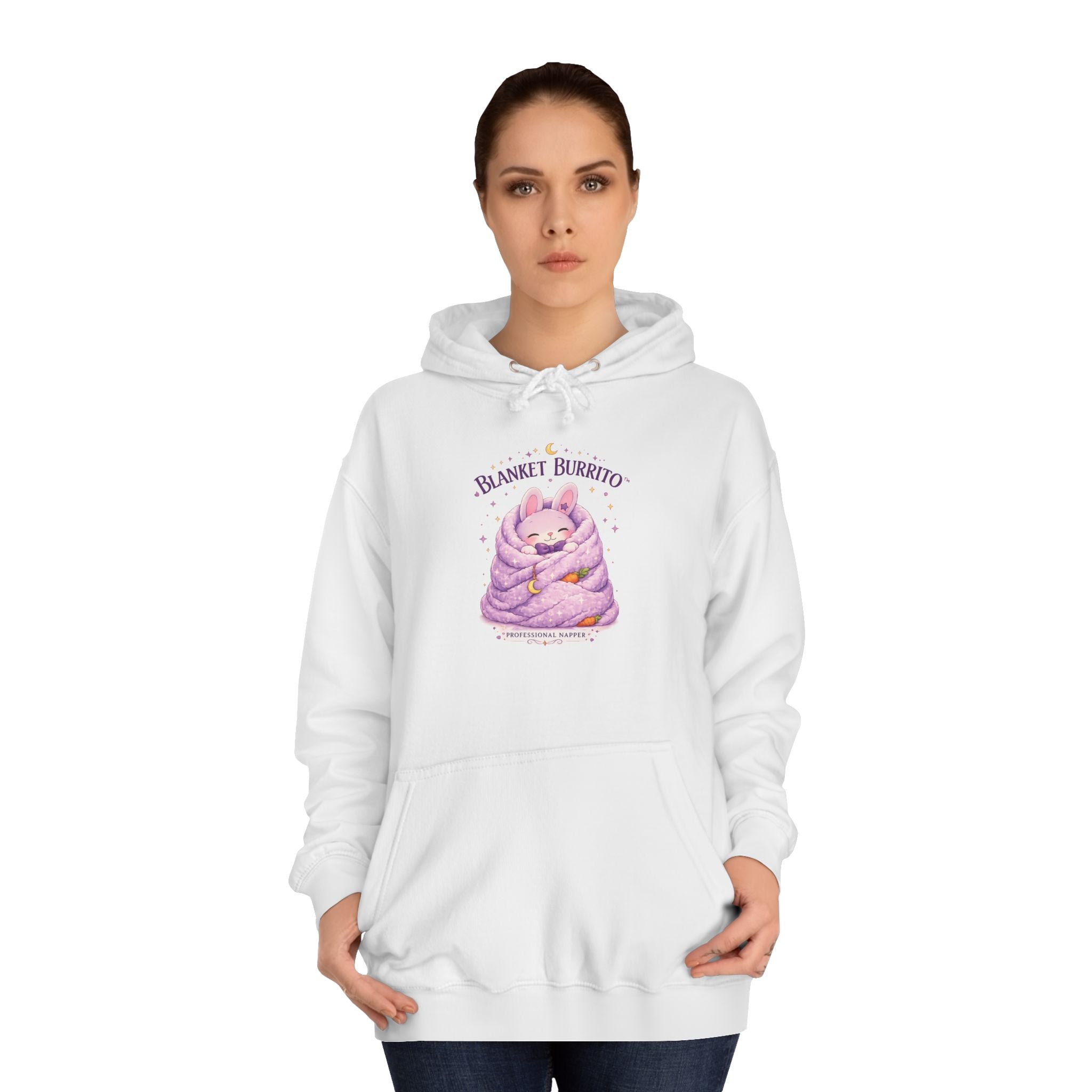 Blanket Burrito Hoodie — Cute Purple Bunny Wrapped in Blanket Graphic