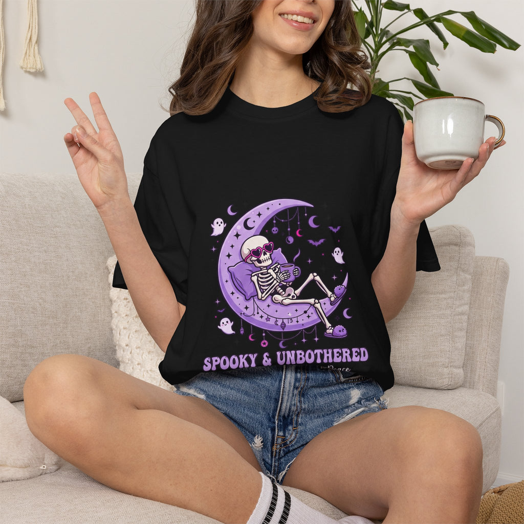 Spooky & Unbothered Skeleton Moon T-Shirt — Relaxed Gothic Graphic Tee