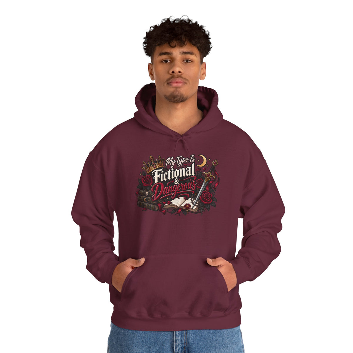 Hoodie — "My Type Is Fictional (Dangerous)" Booklover Graphic Pullover