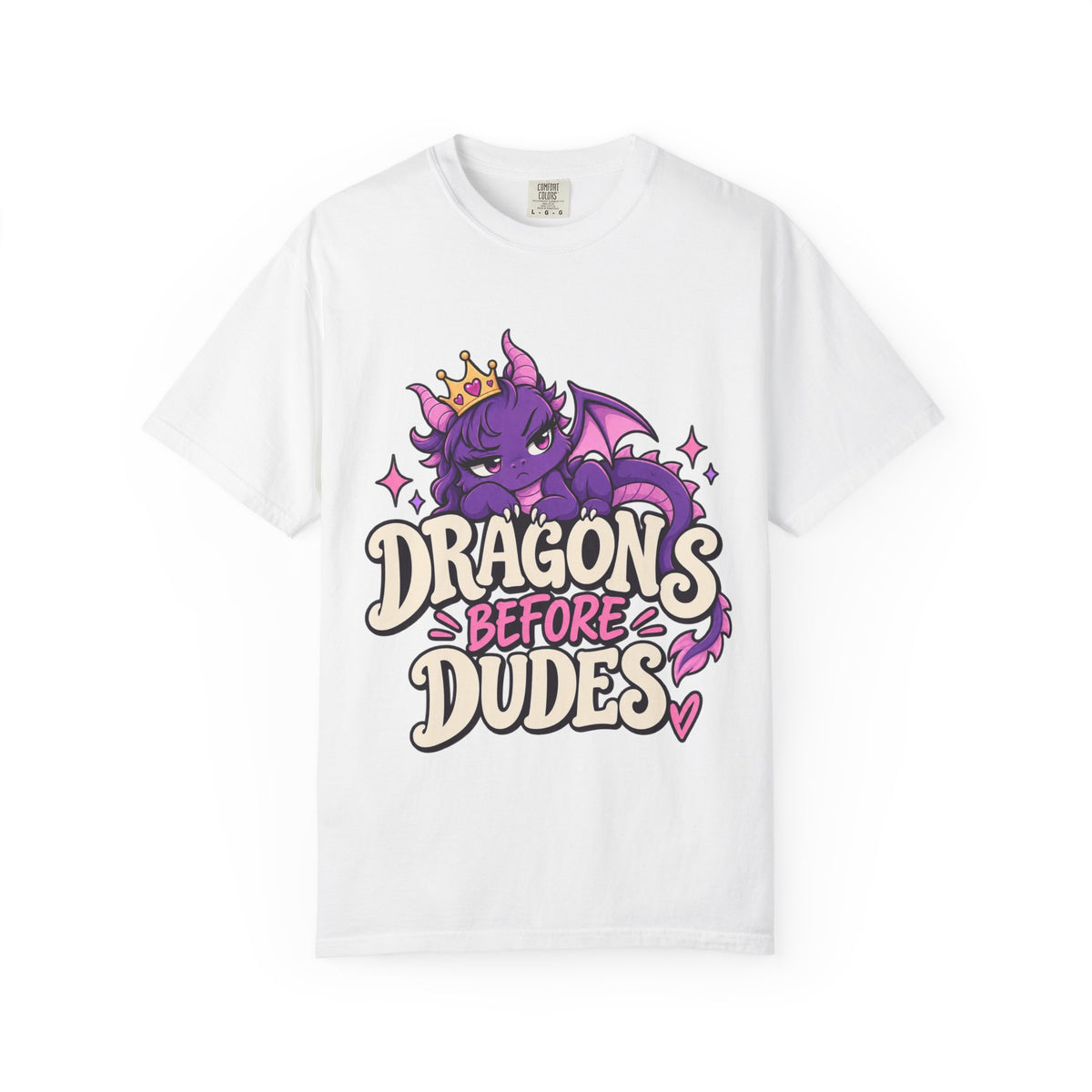 Dragons Before Dudes T-Shirt — Cute Purple Dragon Graphic Tee for Women & Fans