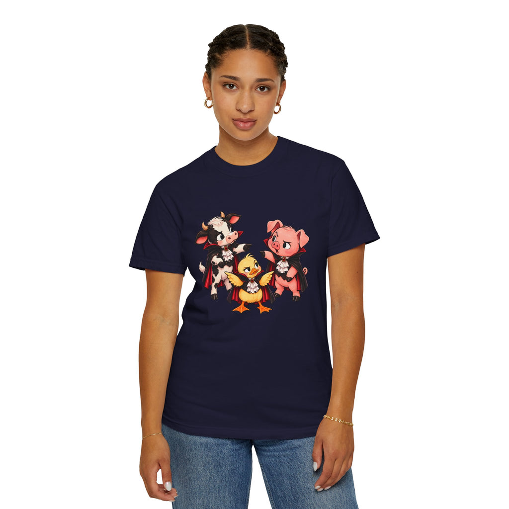 "This is why we have a wardrobe meeting first!" Cow, Pig & Chick Cartoon Graphic Tee