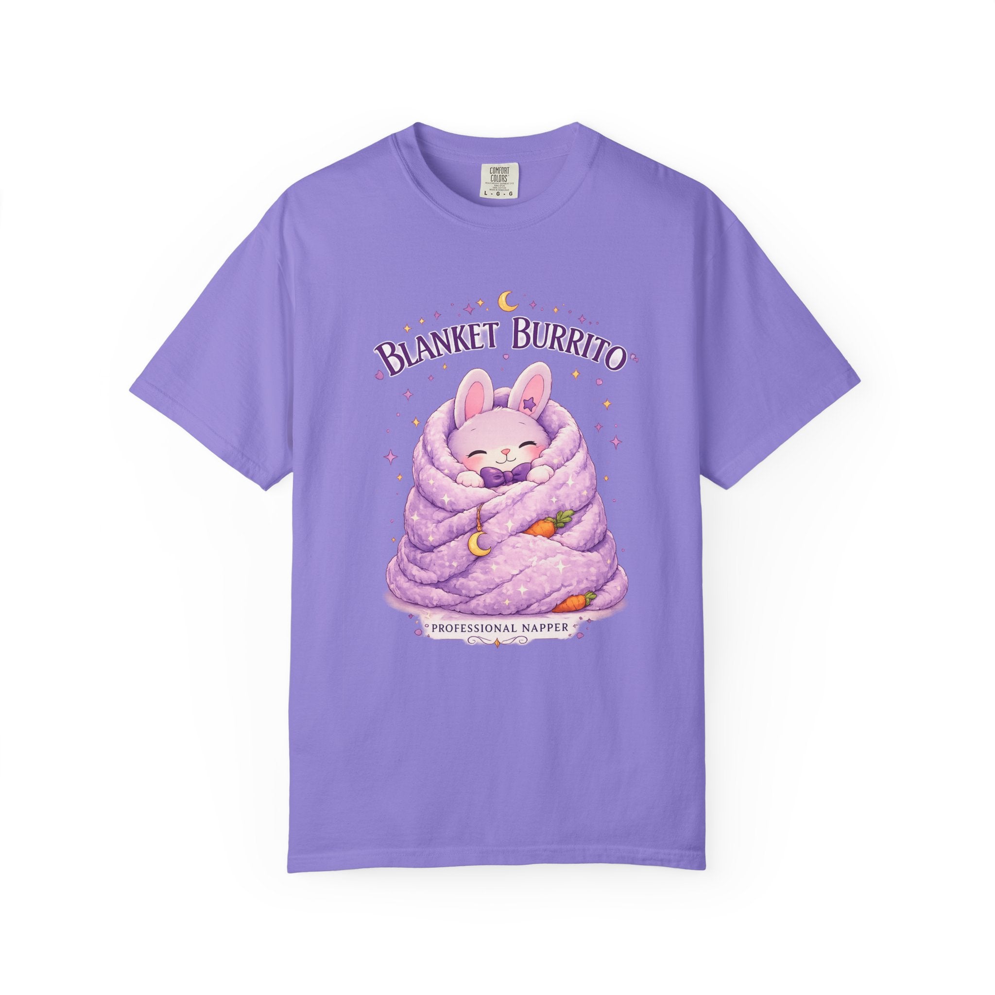 Blanket Burrito T‑Shirt — Cute Bunny Wrapped in Cozy Purple Blanket (Sleepy Comfort, Gift for Animal Lovers)