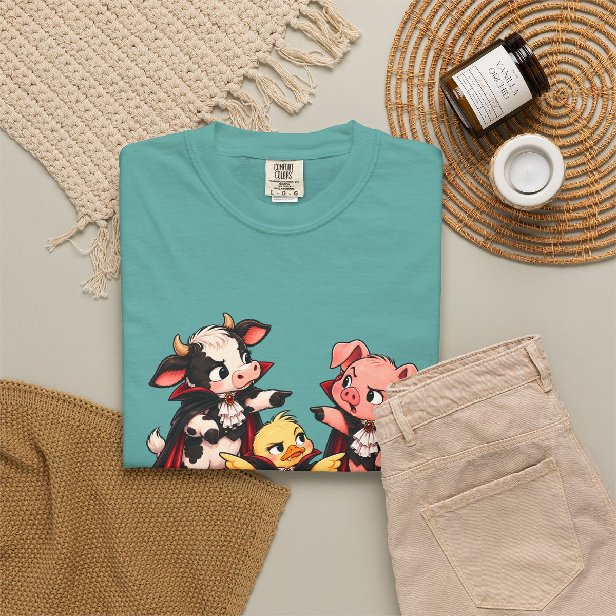 "This is why we have a wardrobe meeting first!" Cow, Pig & Chick Cartoon Graphic Tee