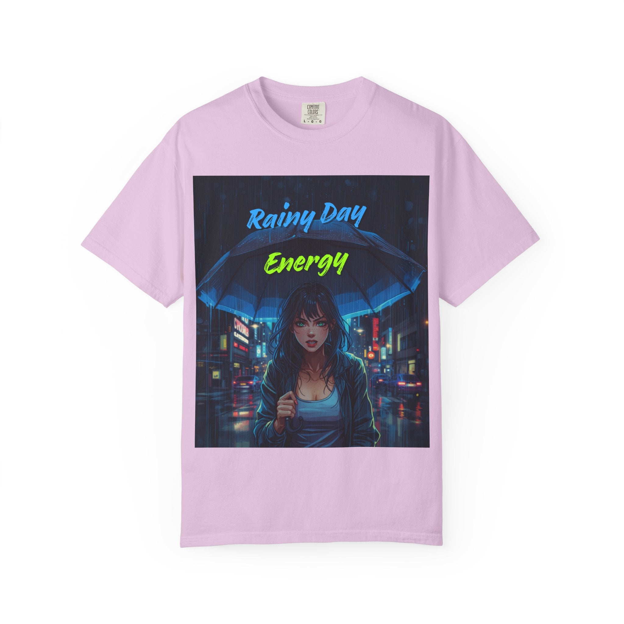 Rainy Day Energy T-Shirt — Neon Cyberpunk Umbrella Design
