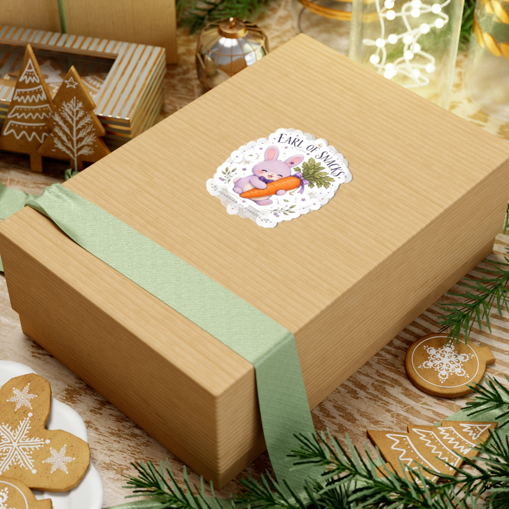 Earl of Snacks Bunny Sticker — Cute Kiss-Cut Rabbit Hugging Carrot