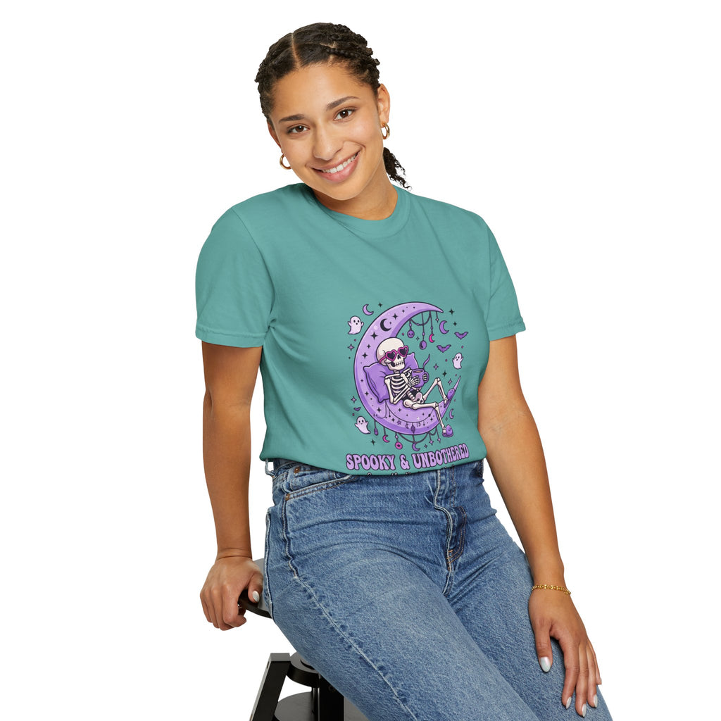 Spooky & Unbothered Skeleton Moon T-Shirt — Relaxed Gothic Graphic Tee