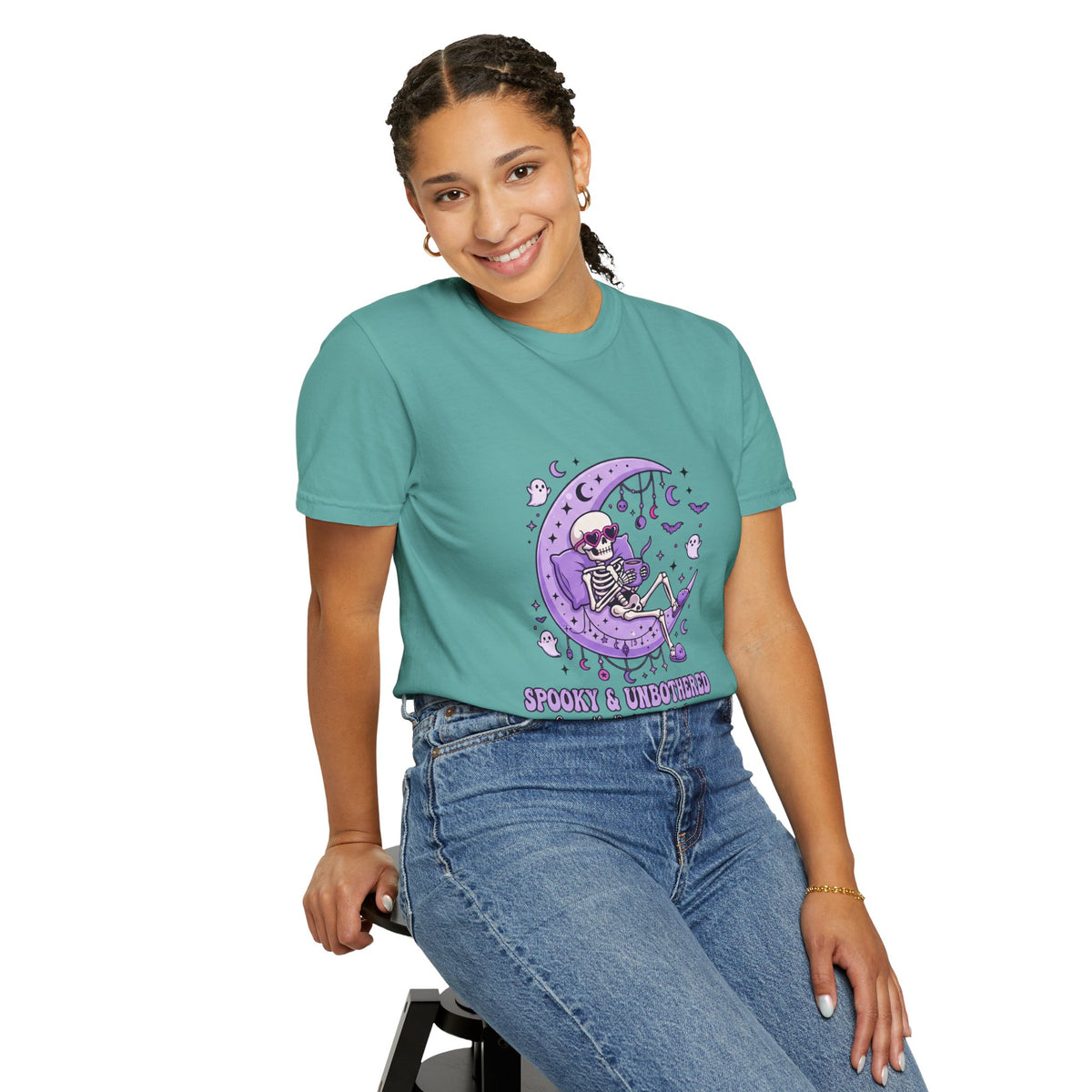 Spooky & Unbothered Skeleton Moon T-Shirt — Relaxed Gothic Graphic Tee
