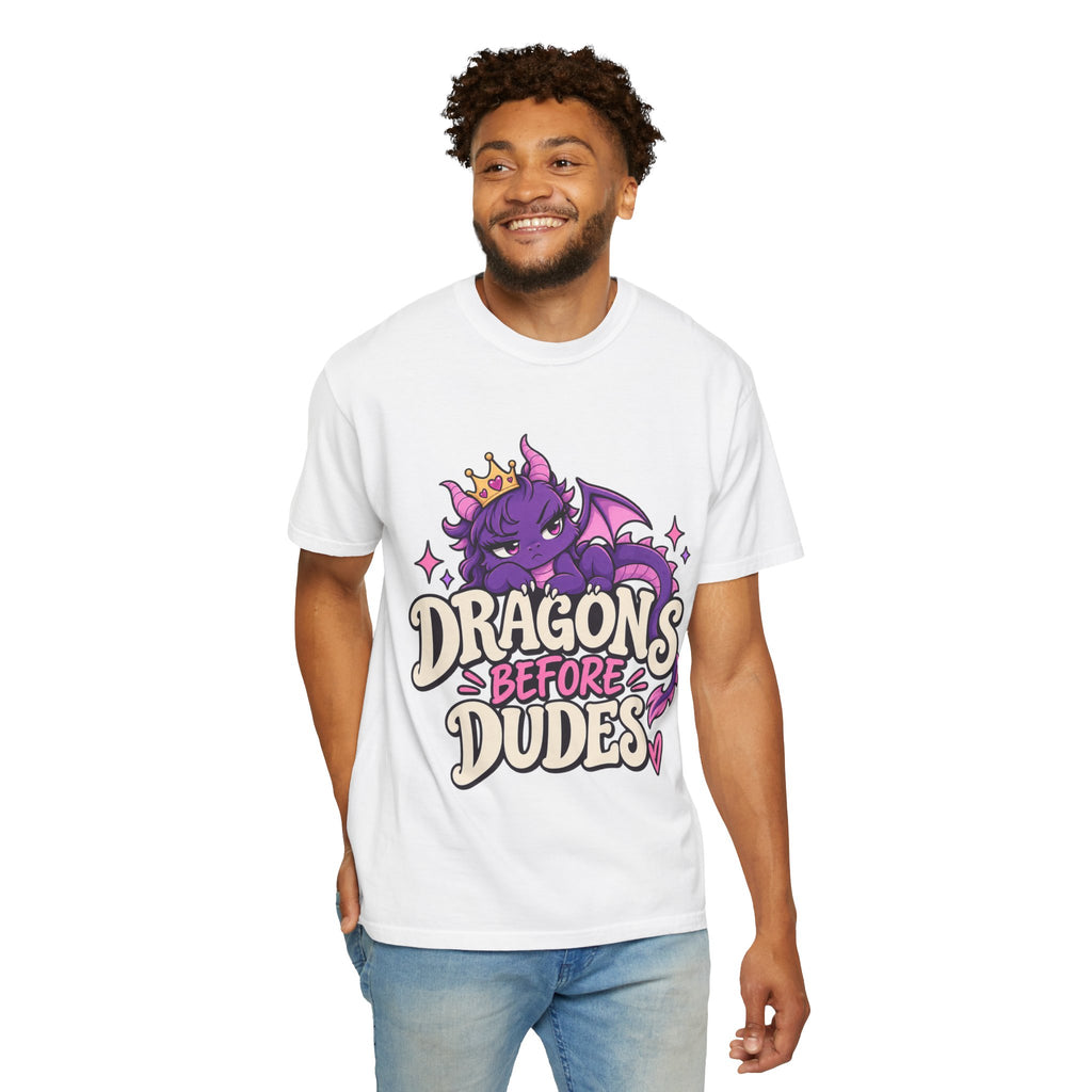 Dragons Before Dudes T-Shirt — Cute Purple Dragon Graphic Tee for Women & Fans